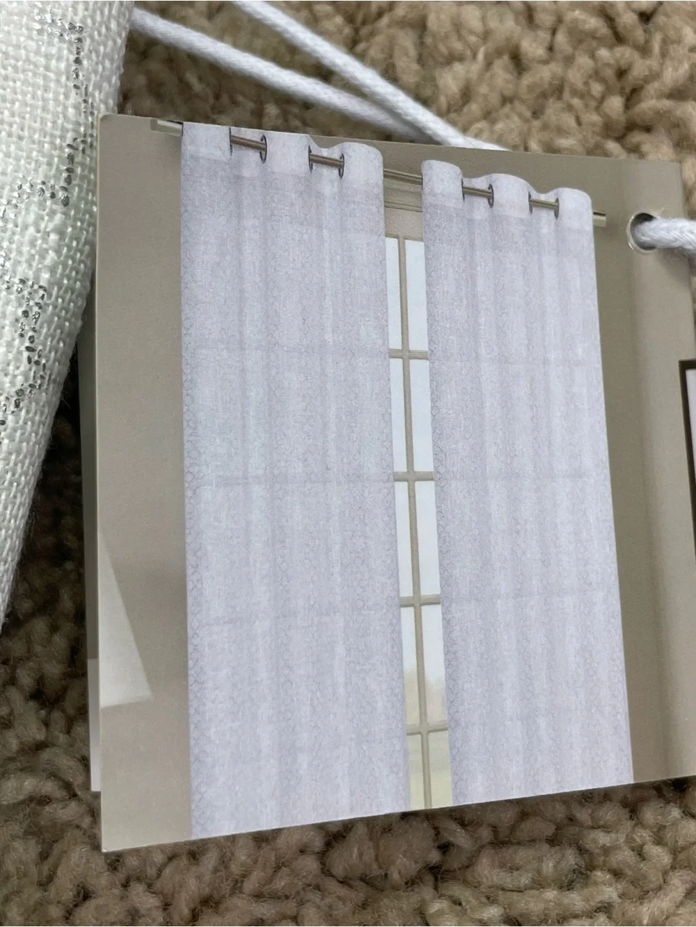 Grommet Window Panel Pair -‎ White with Metallic Silver Pattern